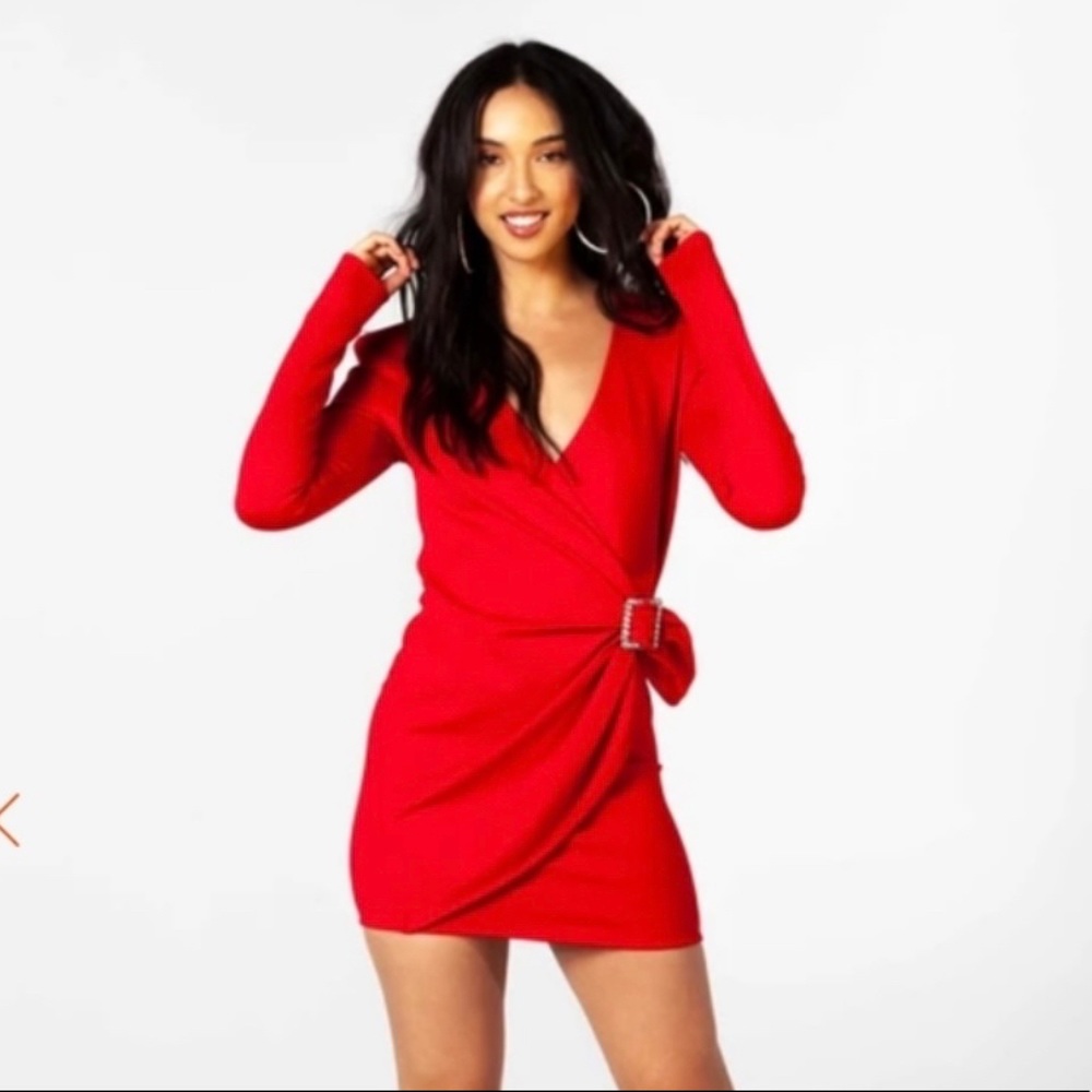 eggie Mon Cheri Red Wrap Mini Long Sleeve Dress